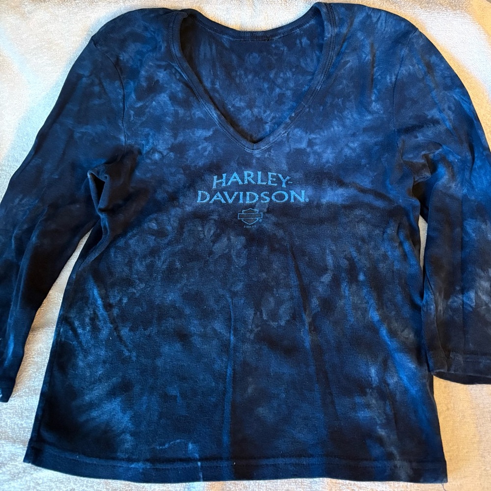 Vintage Harley Davidson V Neck 3/4 Sleeve Tie Dye Top